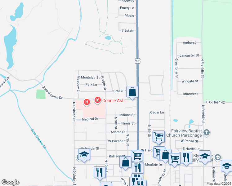 map of restaurants, bars, coffee shops, grocery stores, and more near 711 Broadmoor Street in Blytheville