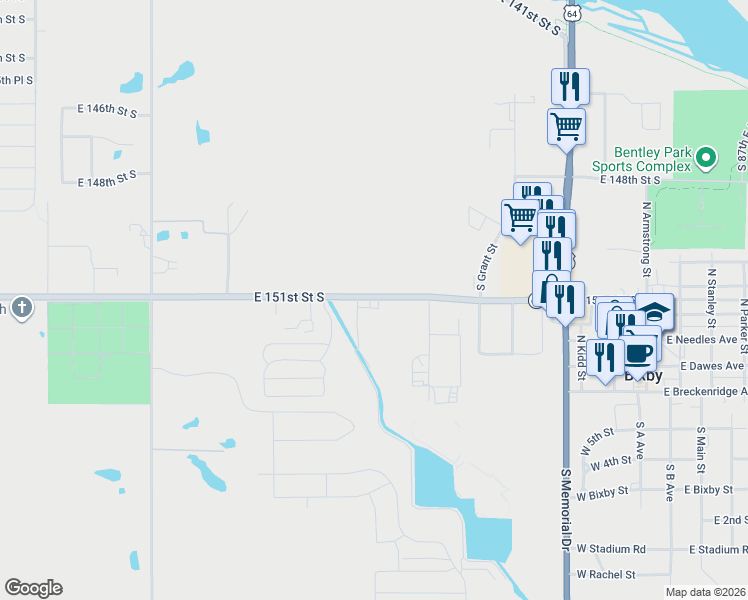 map of restaurants, bars, coffee shops, grocery stores, and more near 7400 East 151st Street South in Bixby