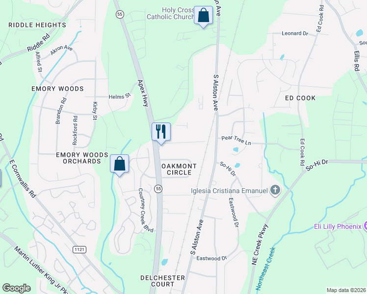 map of restaurants, bars, coffee shops, grocery stores, and more near 1724 Wynne Road in Durham