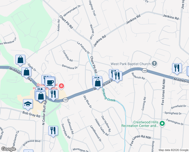 map of restaurants, bars, coffee shops, grocery stores, and more near 1217 Chert Pit Road in Knoxville