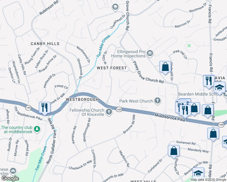 map of restaurants, bars, coffee shops, grocery stores, and more near 932 West Forest Boulevard in Knoxville