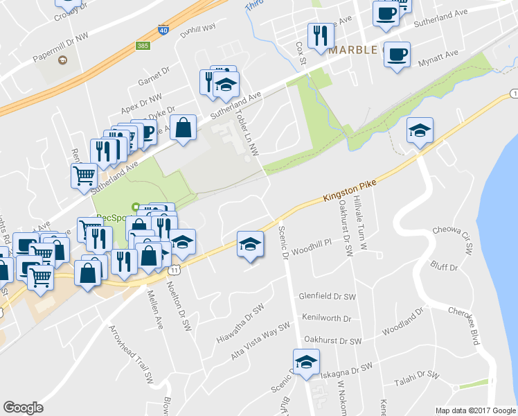 map of restaurants, bars, coffee shops, grocery stores, and more near 3932 Forest Glen Drive in Knoxville