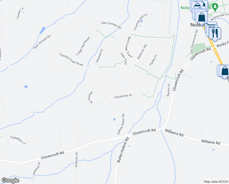 map of restaurants, bars, coffee shops, grocery stores, and more near 5072 Falling Water Road in Nolensville