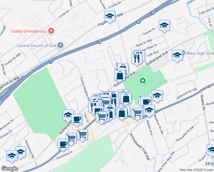 map of restaurants, bars, coffee shops, grocery stores, and more near 501 Longview Road in Knoxville