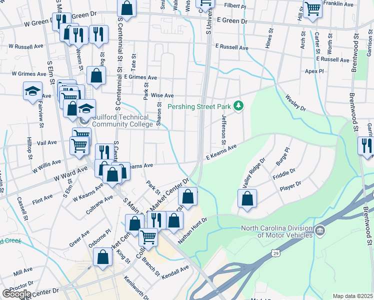 map of restaurants, bars, coffee shops, grocery stores, and more near 1205 Asheboro Street in High Point