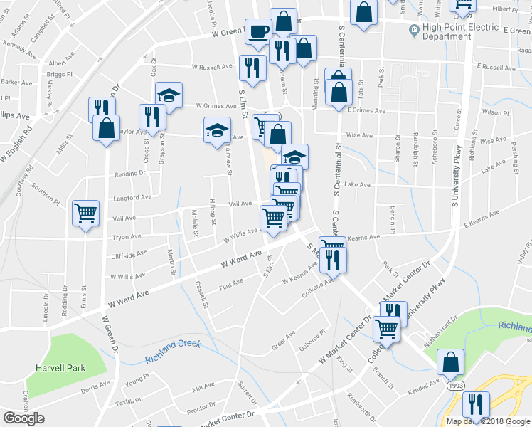 map of restaurants, bars, coffee shops, grocery stores, and more near 701 South Elm Street in High Point