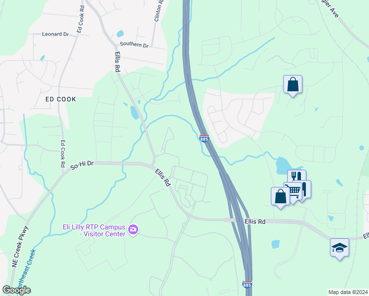 map of restaurants, bars, coffee shops, grocery stores, and more near 1533 Ellis Road in Durham