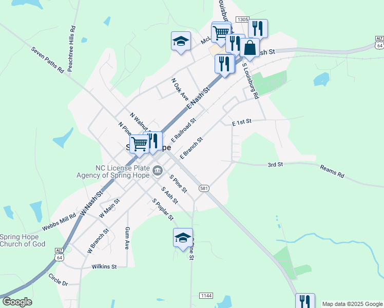 map of restaurants, bars, coffee shops, grocery stores, and more near 214 East Branch Street in Spring Hope