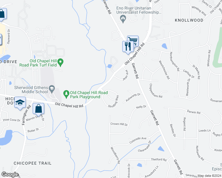 map of restaurants, bars, coffee shops, grocery stores, and more near 115 Strolling Way in Durham