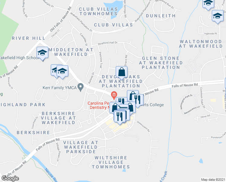 map of restaurants, bars, coffee shops, grocery stores, and more near 2701 Wakefield Pines Drive in Raleigh