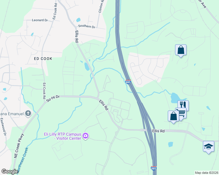 map of restaurants, bars, coffee shops, grocery stores, and more near 1533 Ellis Road in Durham