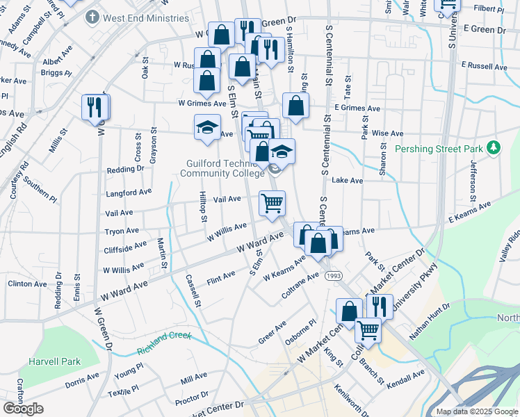 map of restaurants, bars, coffee shops, grocery stores, and more near 701 South Elm Street in High Point