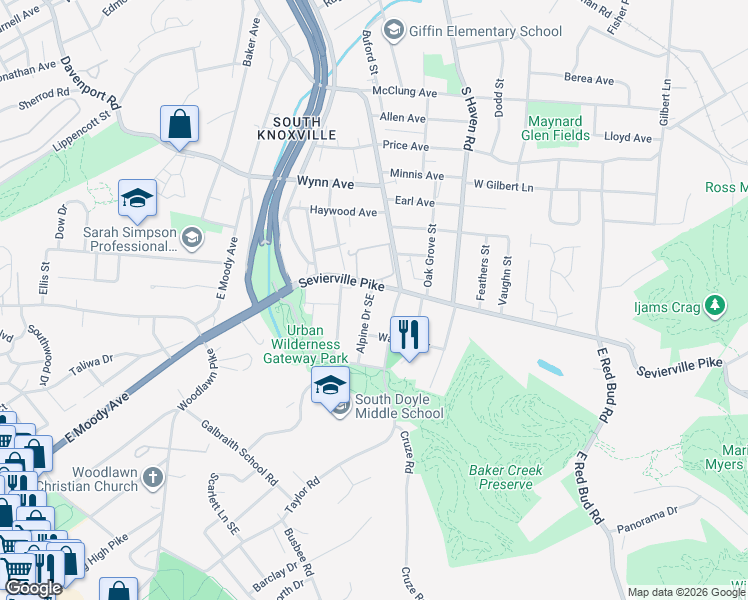 map of restaurants, bars, coffee shops, grocery stores, and more near 3611 Alpine Drive Southeast in Knoxville