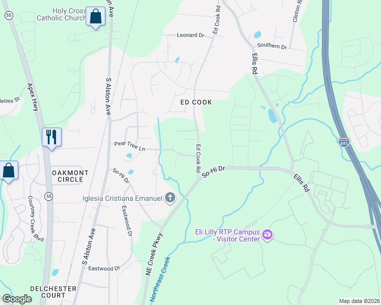 map of restaurants, bars, coffee shops, grocery stores, and more near 2403 Pear Tree Lane in Durham