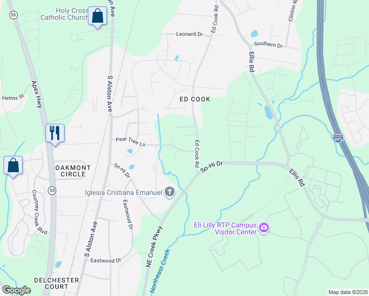 map of restaurants, bars, coffee shops, grocery stores, and more near 2403 Pear Tree Lane in Durham
