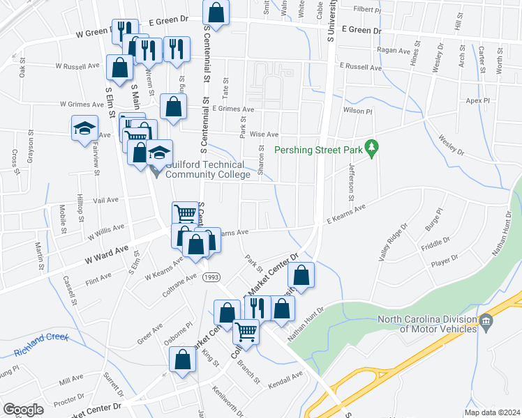 map of restaurants, bars, coffee shops, grocery stores, and more near 1305 Bencini Place in High Point