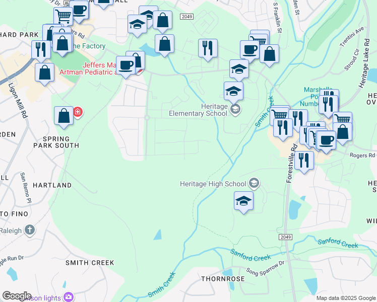 map of restaurants, bars, coffee shops, grocery stores, and more near 3028 Mountain Hill Drive in Wake Forest