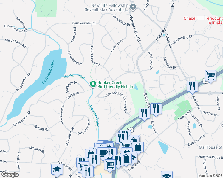 map of restaurants, bars, coffee shops, grocery stores, and more near 104 Westover Court in Chapel Hill