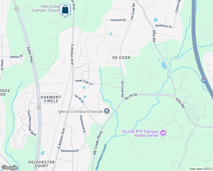 map of restaurants, bars, coffee shops, grocery stores, and more near 2214 Pear Tree Lane in Durham