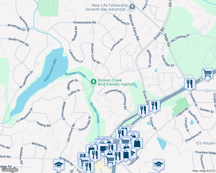 map of restaurants, bars, coffee shops, grocery stores, and more near 101 Westover Court in Chapel Hill