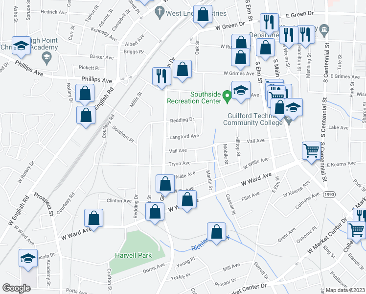 map of restaurants, bars, coffee shops, grocery stores, and more near 701 Amos Street in High Point