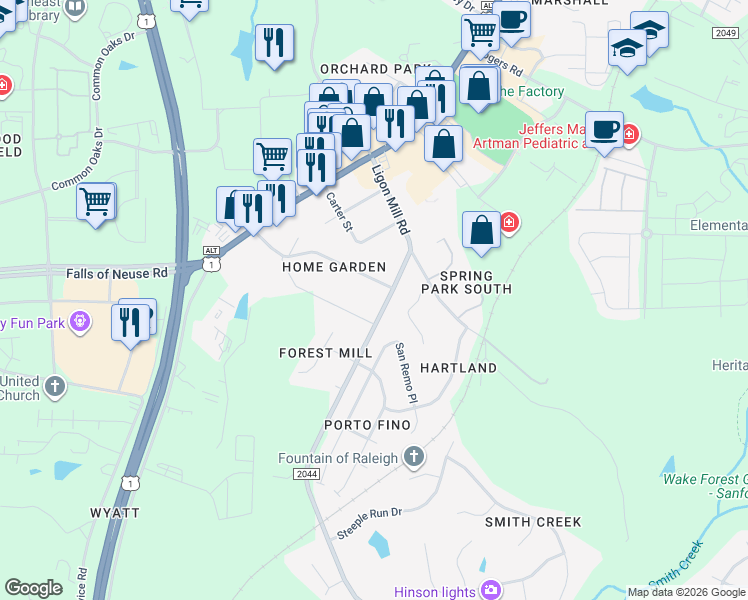 map of restaurants, bars, coffee shops, grocery stores, and more near 10009 Ligon Mill Road in Wake Forest