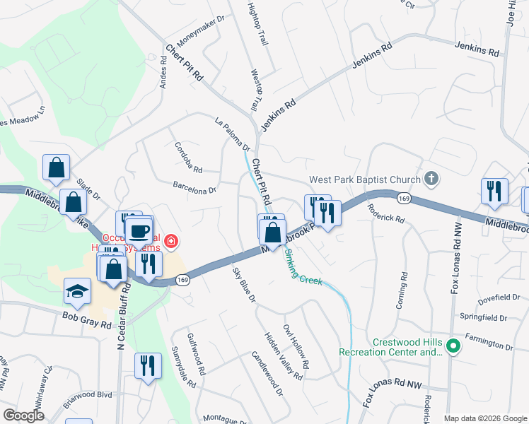 map of restaurants, bars, coffee shops, grocery stores, and more near 1217 Chert Pit Road in Knoxville