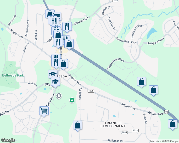 map of restaurants, bars, coffee shops, grocery stores, and more near 2052 U.S. 70 in Durham