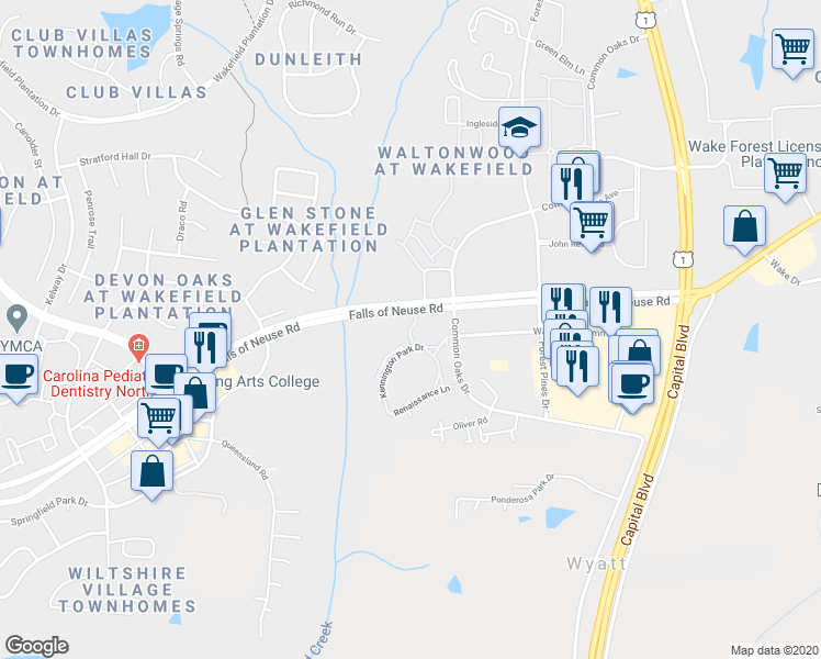 map of restaurants, bars, coffee shops, grocery stores, and more near Grove Ridge Road in Raleigh