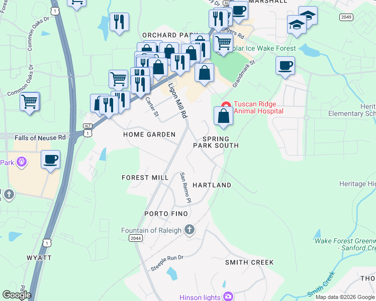 map of restaurants, bars, coffee shops, grocery stores, and more near 10037 Seawell Drive in Wake Forest
