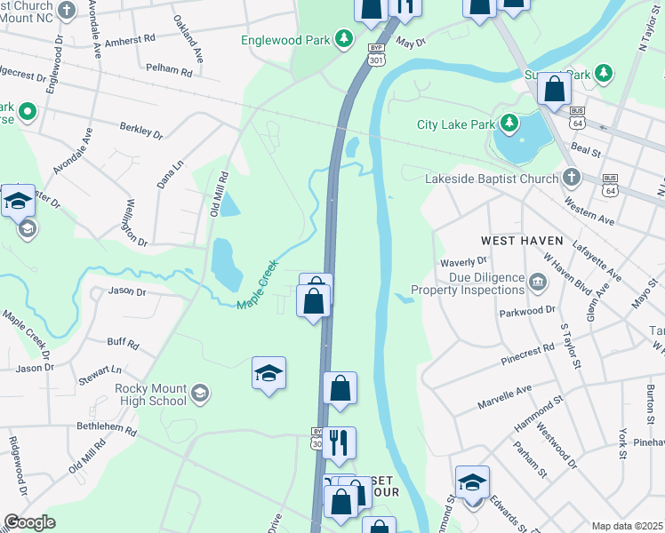 map of restaurants, bars, coffee shops, grocery stores, and more near 481 South Wesleyan Boulevard in Rocky Mount