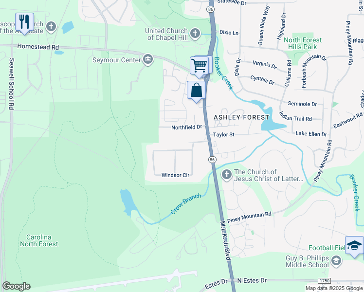 map of restaurants, bars, coffee shops, grocery stores, and more near 163 Windsor Circle in Chapel Hill