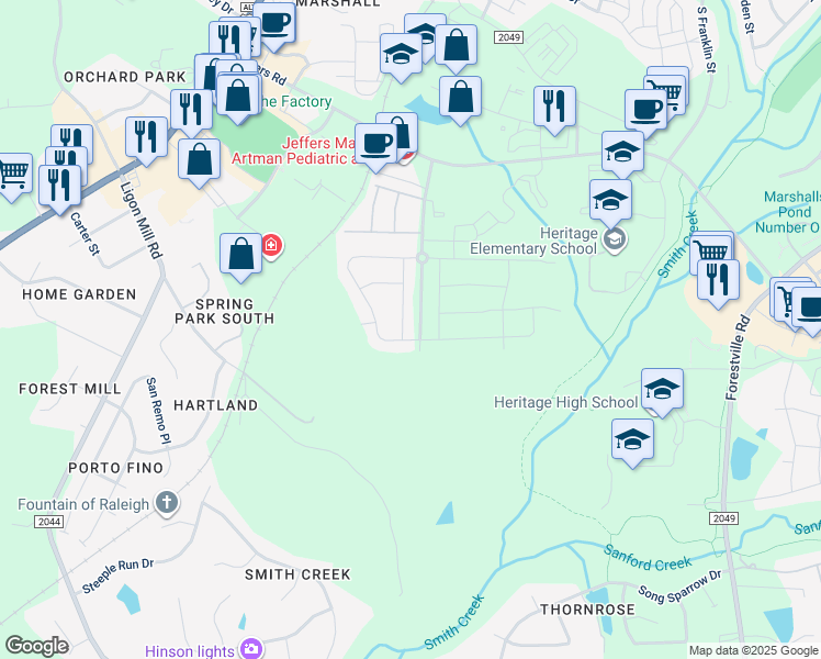 map of restaurants, bars, coffee shops, grocery stores, and more near 2133 Higley Drive in Wake Forest