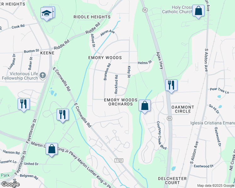 map of restaurants, bars, coffee shops, grocery stores, and more near 3214 Kirby Street in Durham