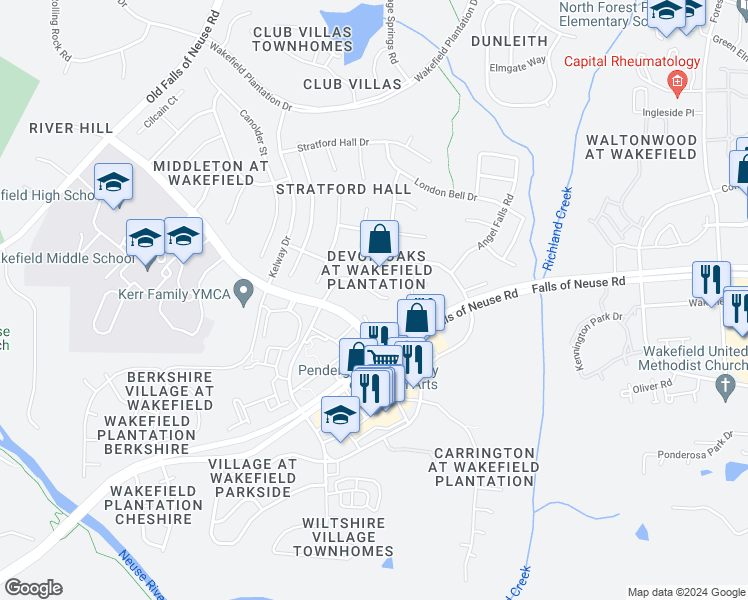 map of restaurants, bars, coffee shops, grocery stores, and more near 13120 Sargas Street in Raleigh