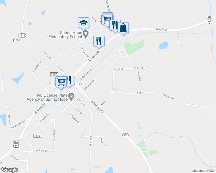 map of restaurants, bars, coffee shops, grocery stores, and more near 307 2nd Street in Spring Hope
