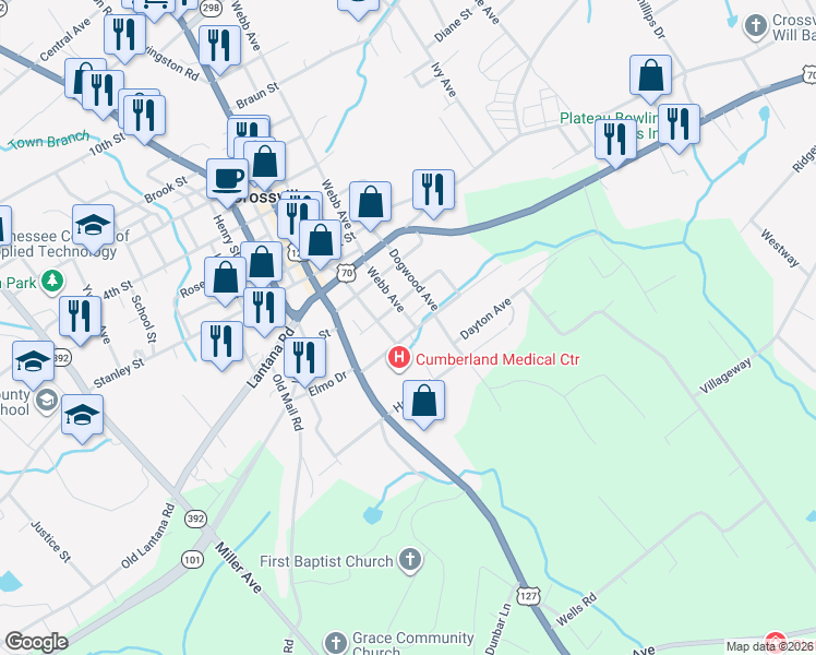 map of restaurants, bars, coffee shops, grocery stores, and more near 15 Webb Avenue in Crossville
