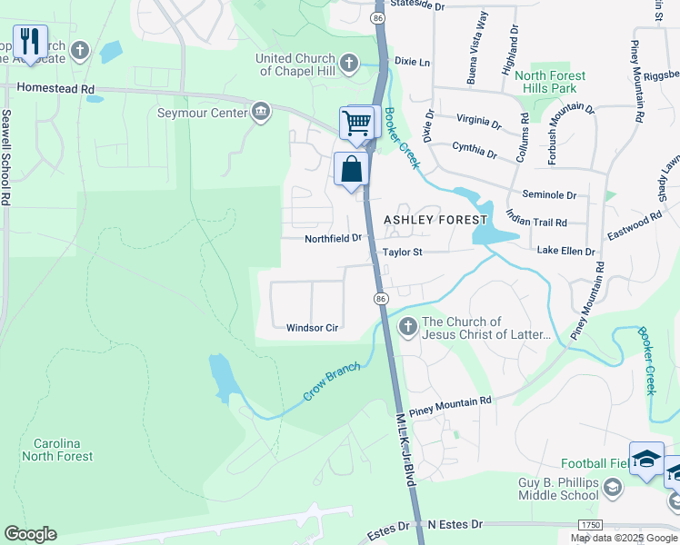map of restaurants, bars, coffee shops, grocery stores, and more near 163 Windsor Circle in Chapel Hill