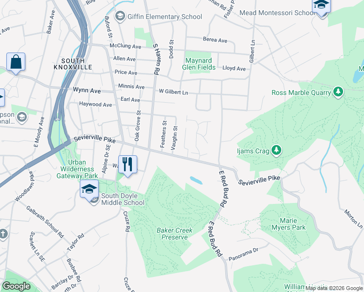 map of restaurants, bars, coffee shops, grocery stores, and more near 3524 Vaughn Street in Knoxville