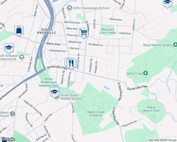 map of restaurants, bars, coffee shops, grocery stores, and more near 3539 Feathers Street in Knoxville