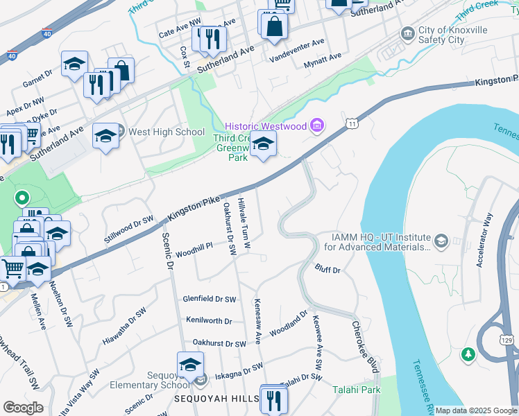 map of restaurants, bars, coffee shops, grocery stores, and more near 442 Hillvale Turn East Southwest in Knoxville