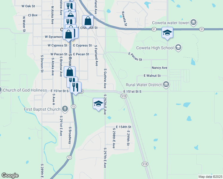 map of restaurants, bars, coffee shops, grocery stores, and more near 613 South Guthrie Avenue in Coweta