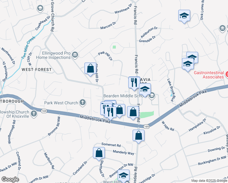 map of restaurants, bars, coffee shops, grocery stores, and more near 1030 Piney Grove Church Road in Knoxville