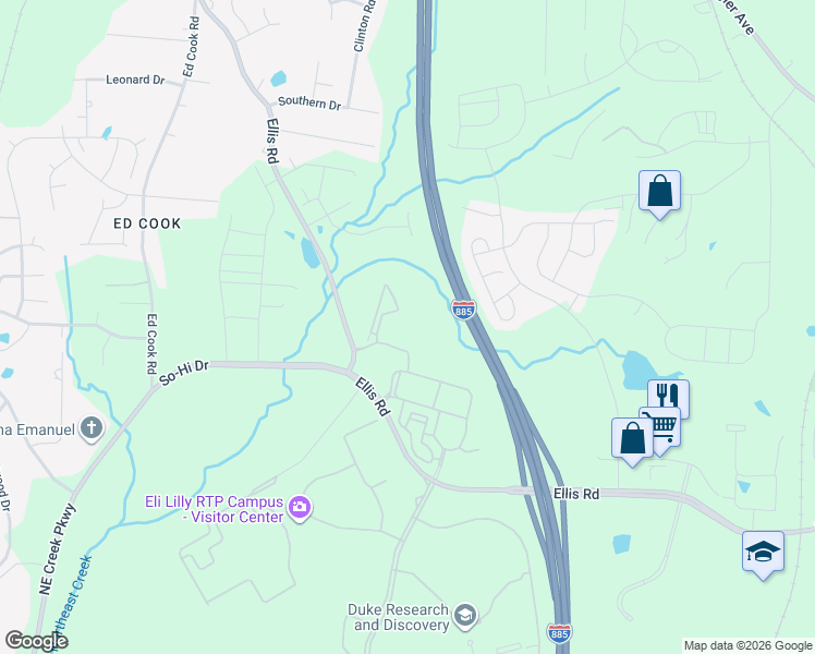 map of restaurants, bars, coffee shops, grocery stores, and more near 1533 Ellis Road in Durham
