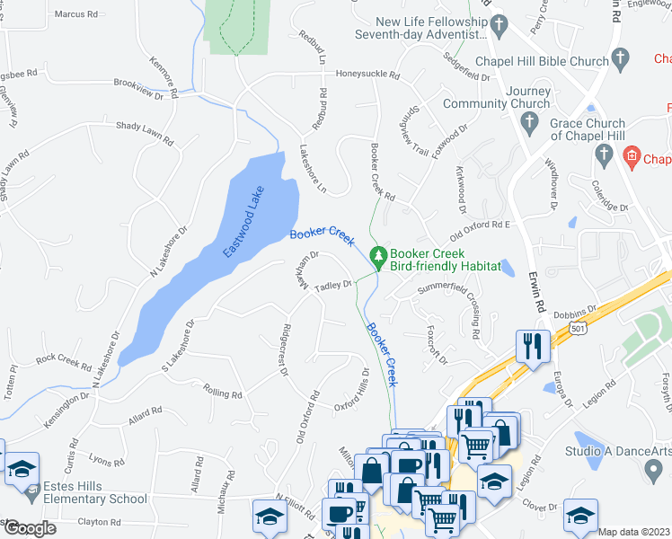 map of restaurants, bars, coffee shops, grocery stores, and more near 2112 Markham Drive in Chapel Hill