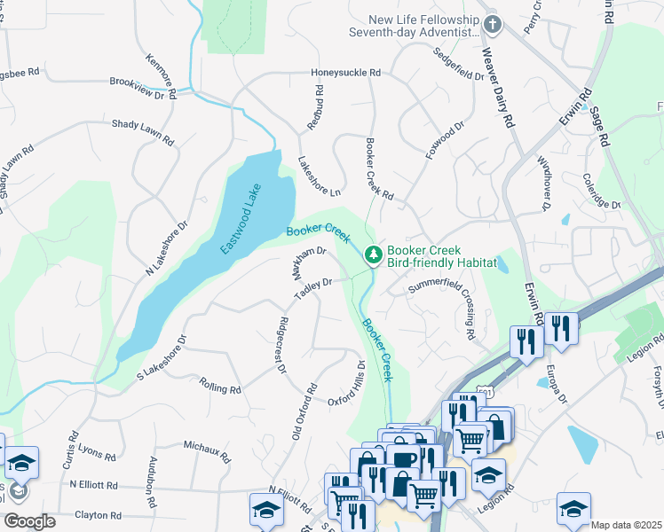 map of restaurants, bars, coffee shops, grocery stores, and more near 2112 Markham Drive in Chapel Hill