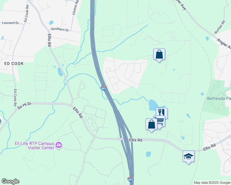 map of restaurants, bars, coffee shops, grocery stores, and more near 1045 Fitchie Place in Durham
