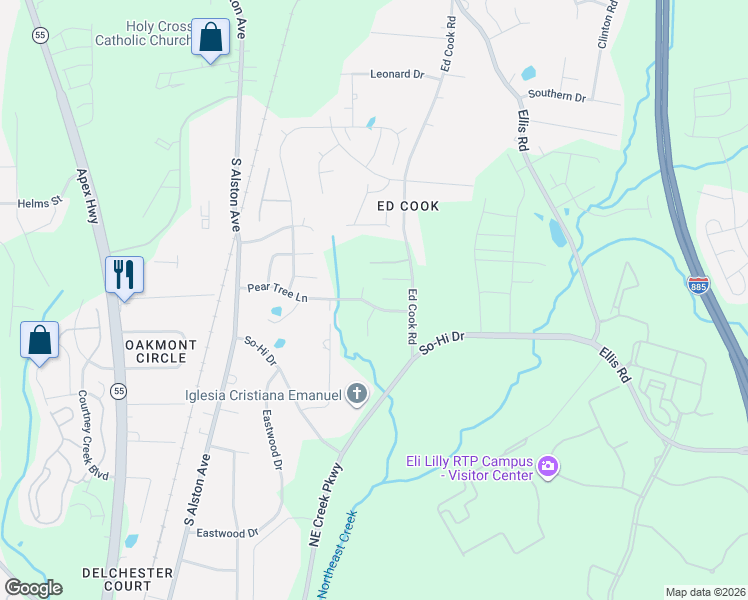 map of restaurants, bars, coffee shops, grocery stores, and more near 2303 Pear Tree Lane in Durham