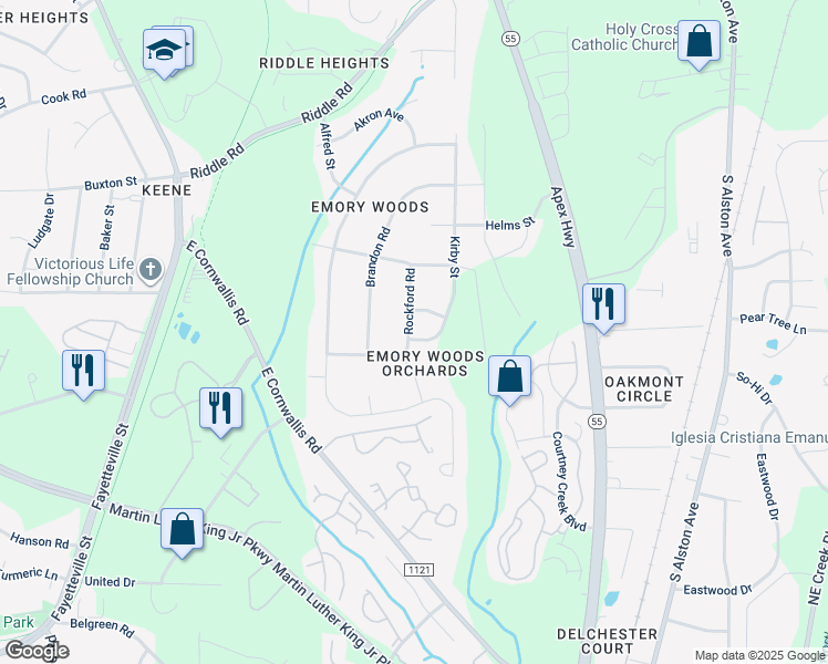 map of restaurants, bars, coffee shops, grocery stores, and more near 3214 Kirby Street in Durham