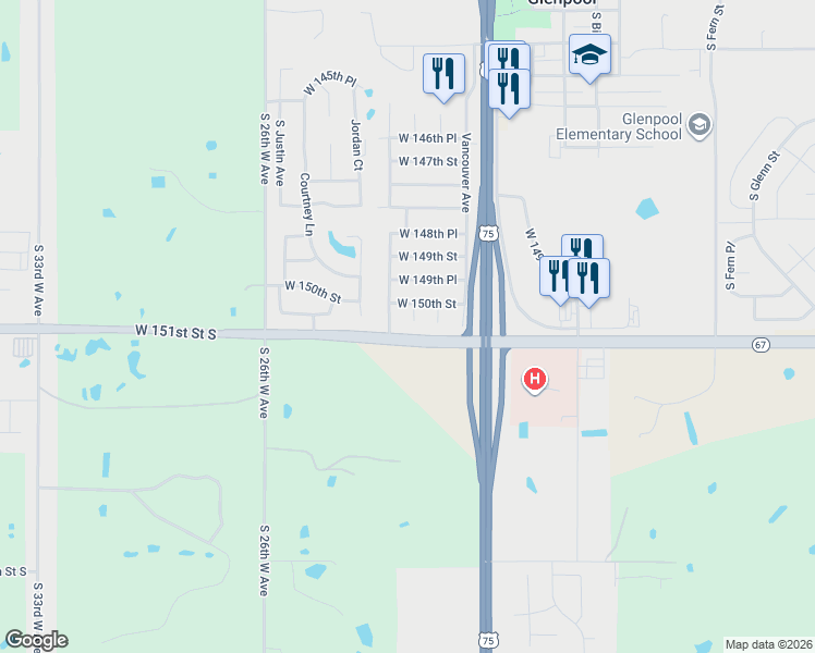 map of restaurants, bars, coffee shops, grocery stores, and more near 15088 South Xenophon Avenue in Glenpool